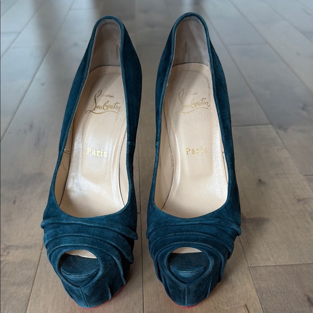 Christian Louboutin Teal Suede Peep-Toe Plate-forme Pumps with Gathered Detail